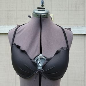 Victoria's Secret Black Scallop Ruffle Padded Support Halter Tie Bikini Top 34D